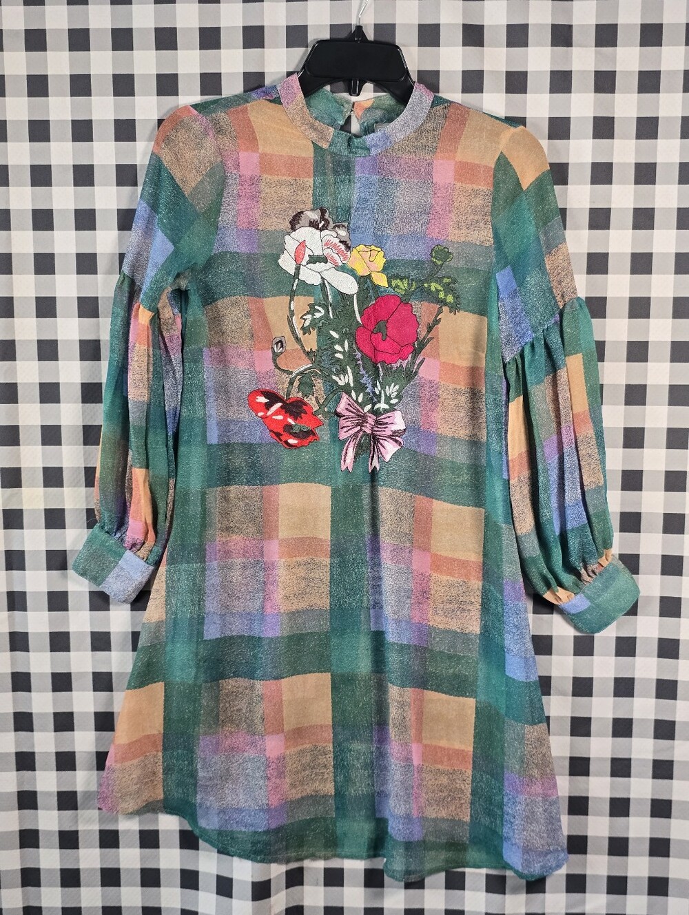 ASOS Womens UK 8 US 4 Green Plaid Floral Embroidered Long Sleeve Mini Dress